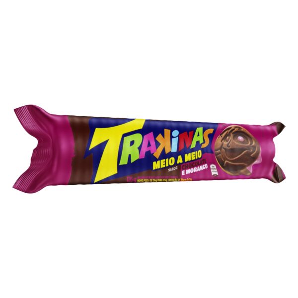 BISCOITO RECHEADO TRAKINAS MEIO A MEIO CHOCOLATE COM MORANGO PACOTE 126G